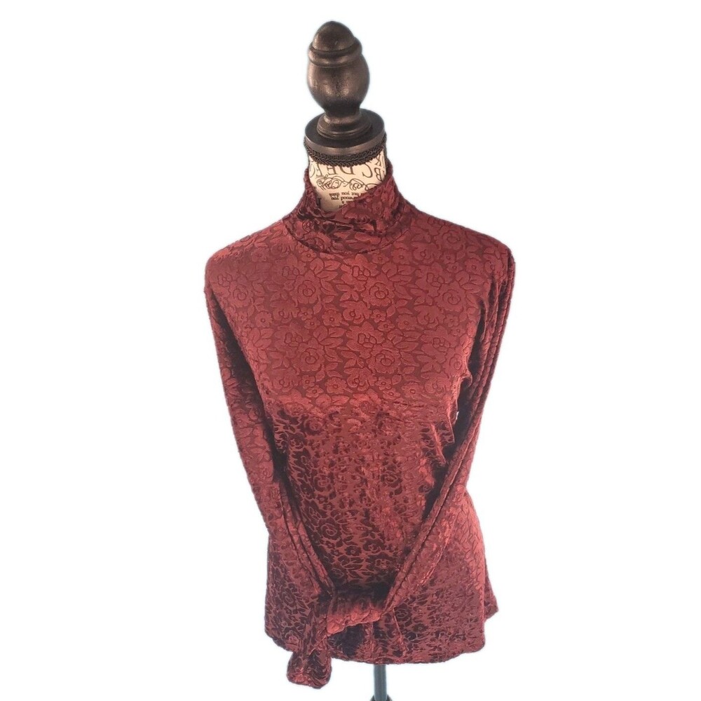 Womens Floral Burnout Velvet Top Sz M Dark Romantic Goth High Neck Long Sleeves